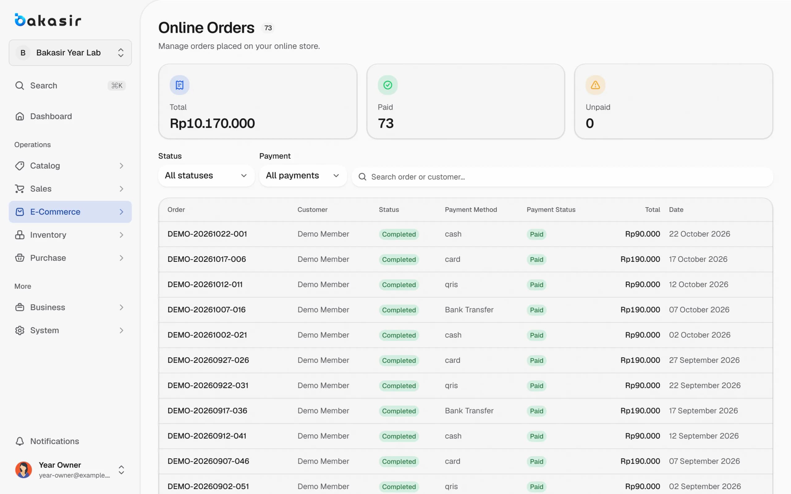 Layar pesanan e-commerce Bakasir