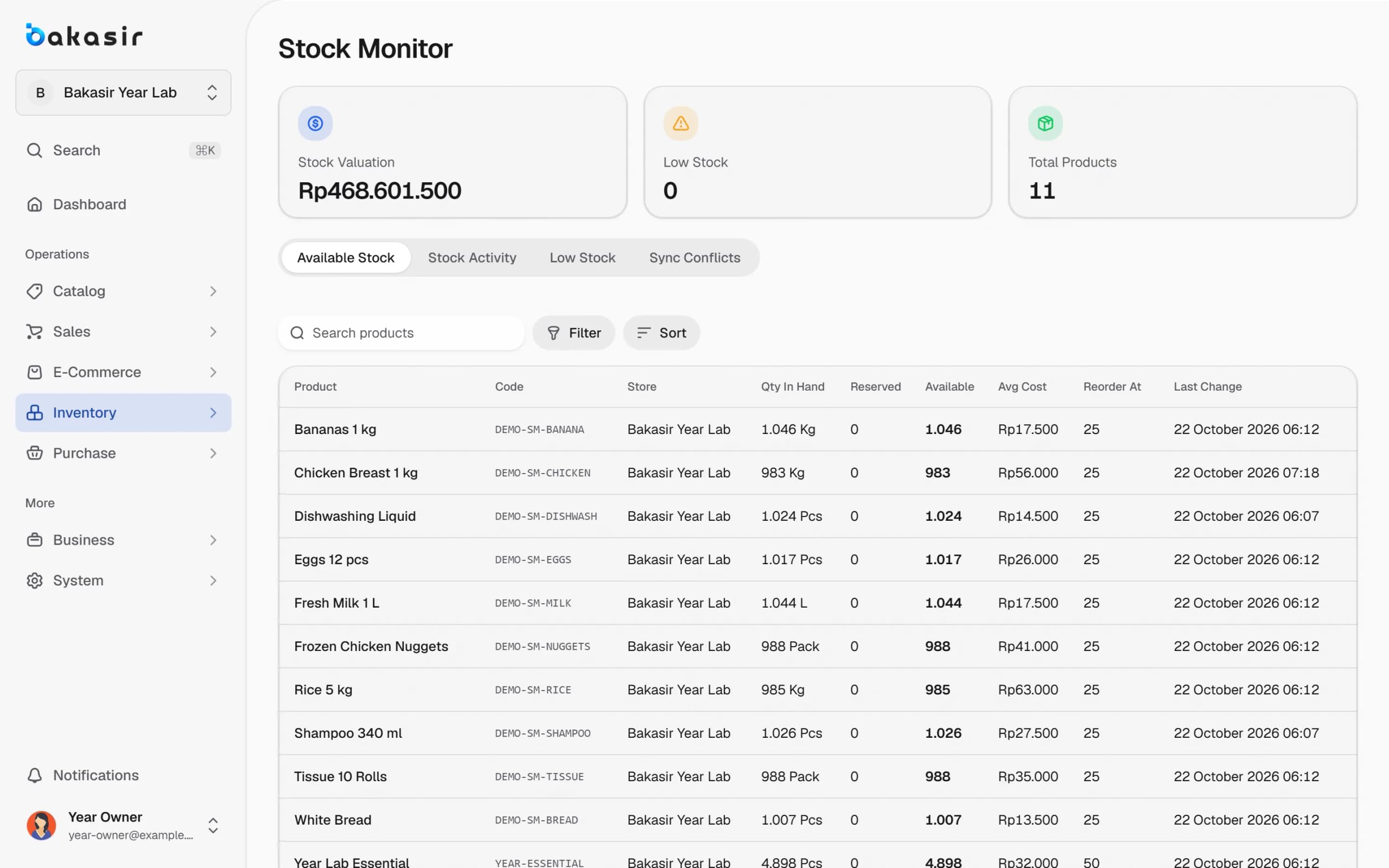Layar inventori Bakasir dengan level dan pergerakan stok