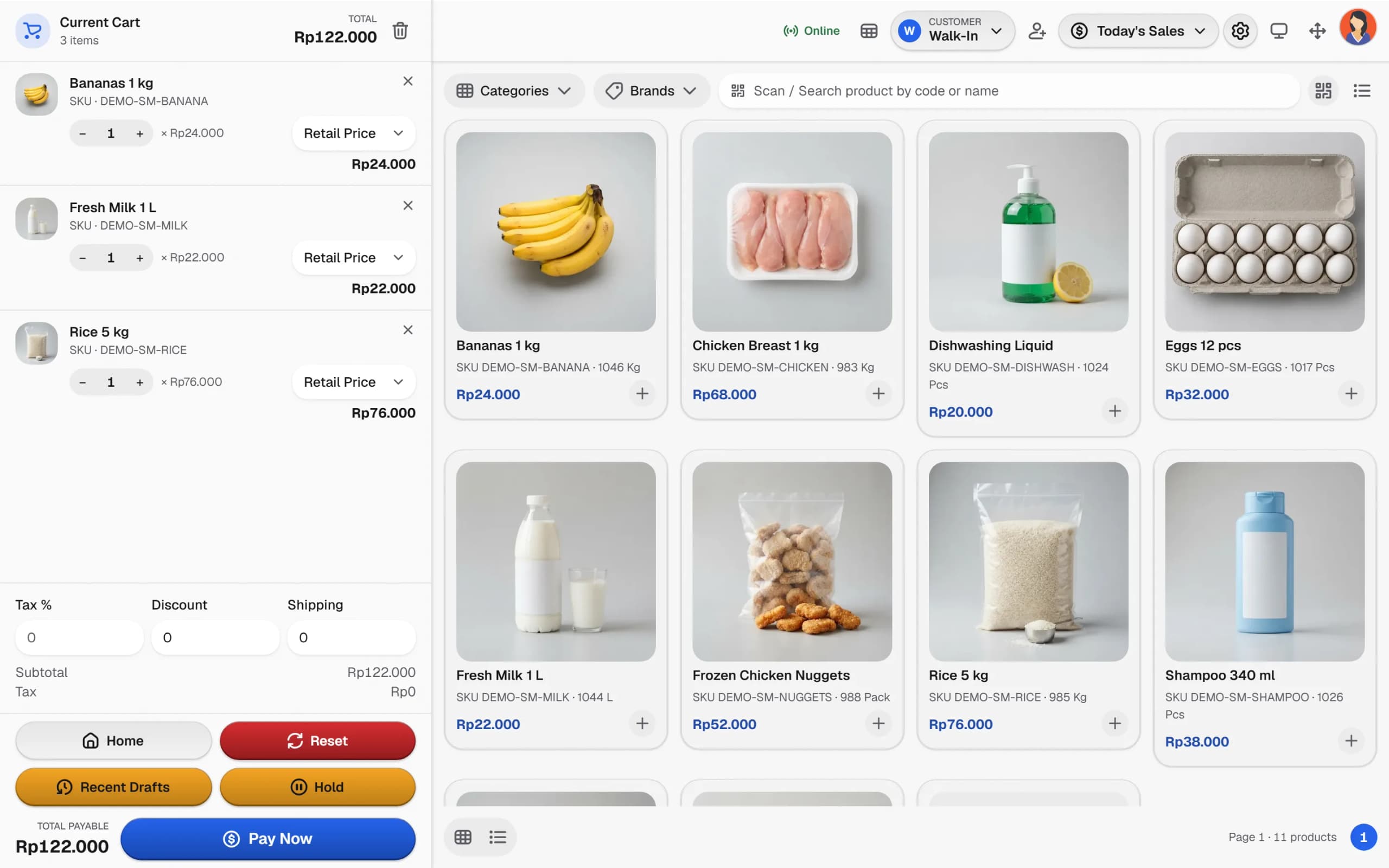 Layar kasir Bakasir dengan keranjang, kolom pajak dan diskon, serta tombol Pay Now