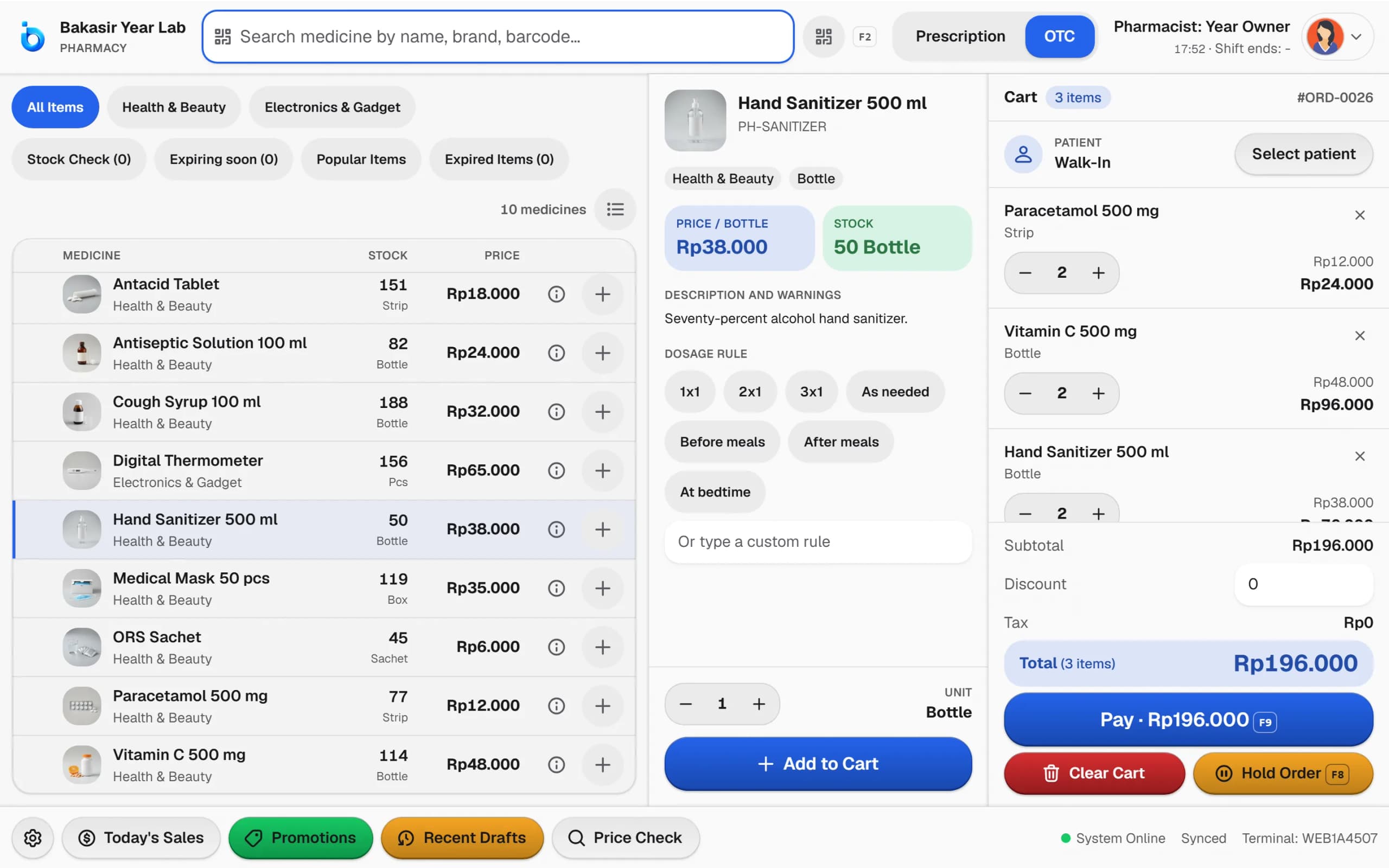 POS apotek Bakasir dengan daftar obat, aturan pakai, dan keranjang
