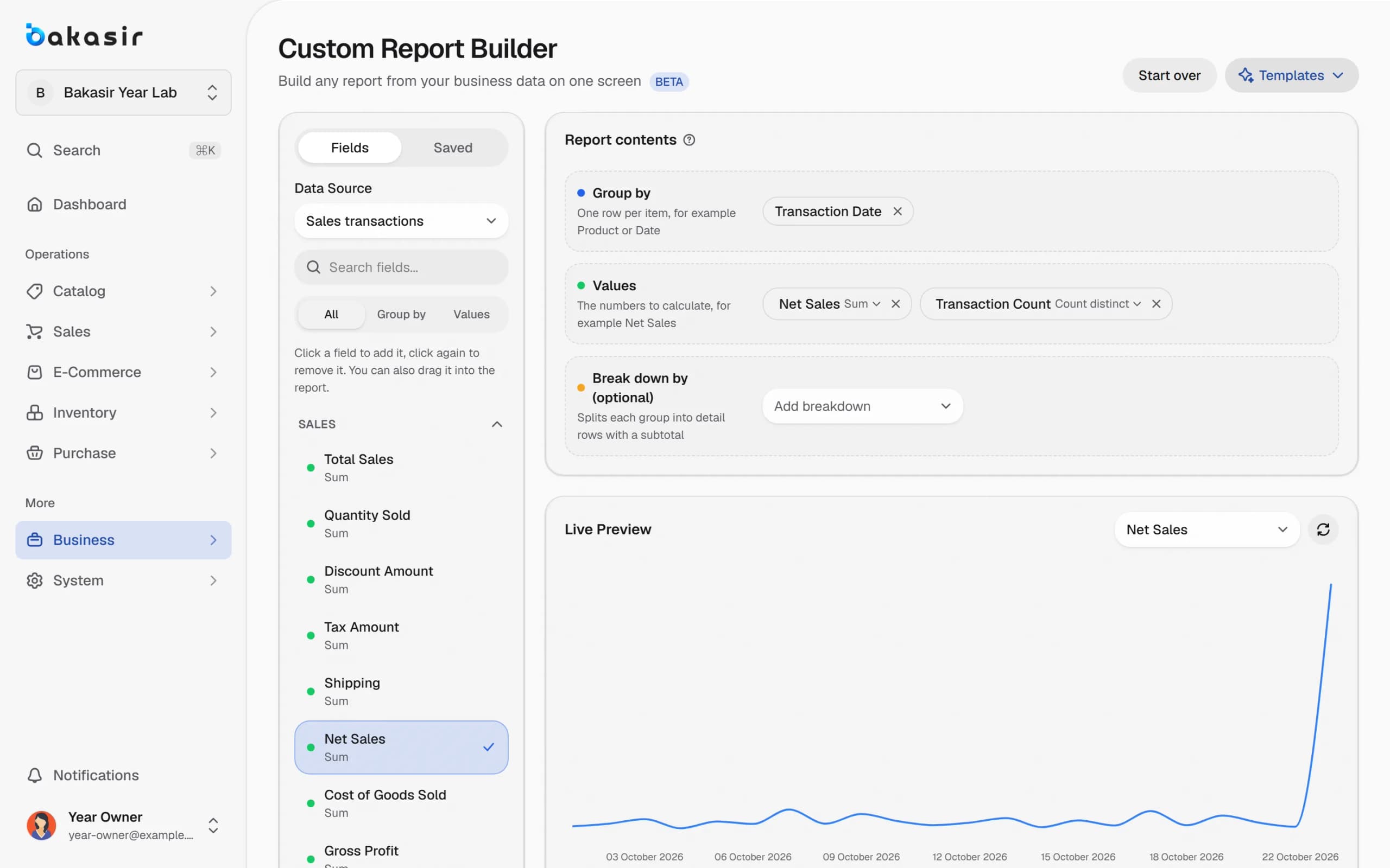 Report Builder Bakasir dengan kolom dan filter yang dapat dipilih