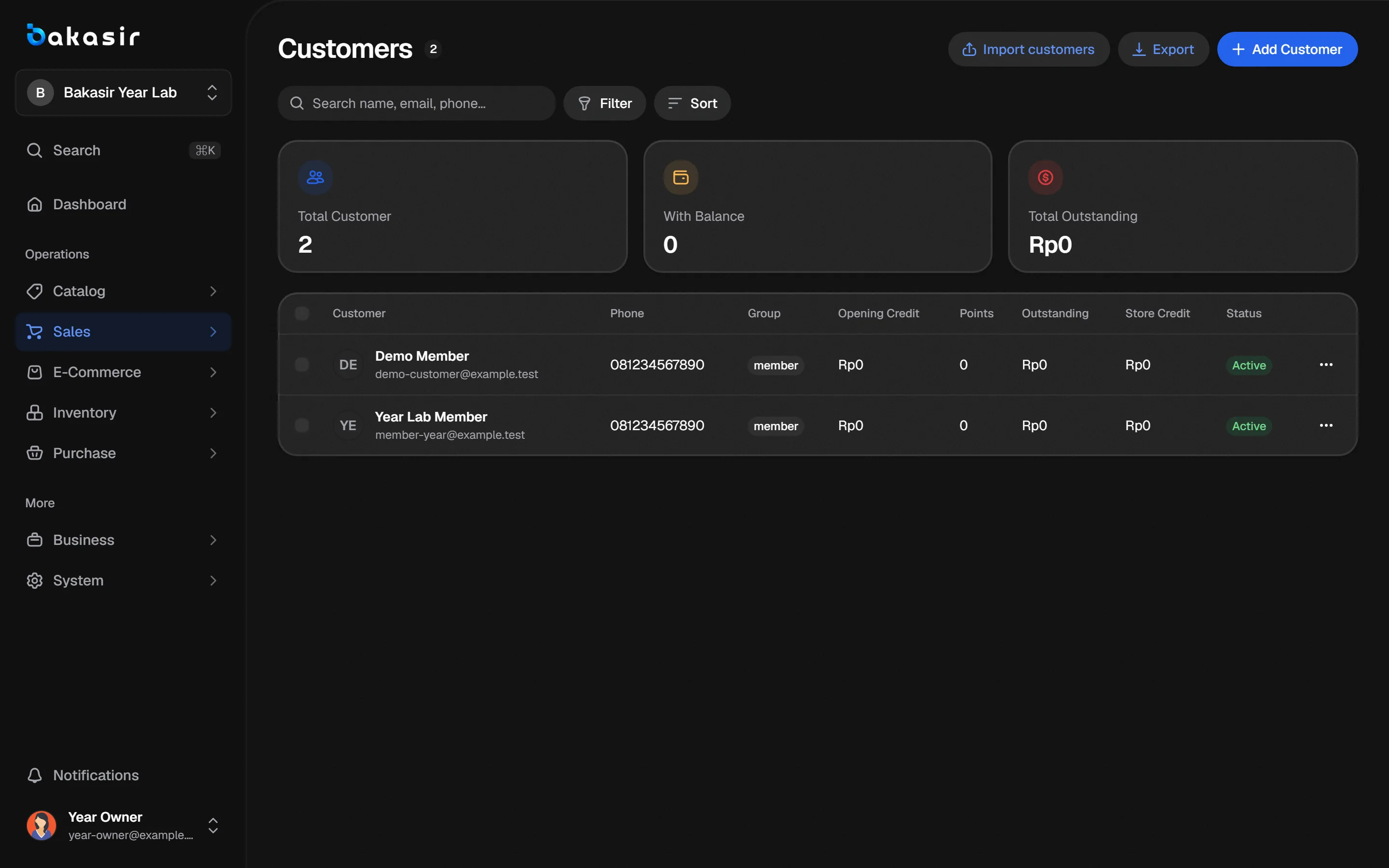 Bakasir back office screen used by Service businesses