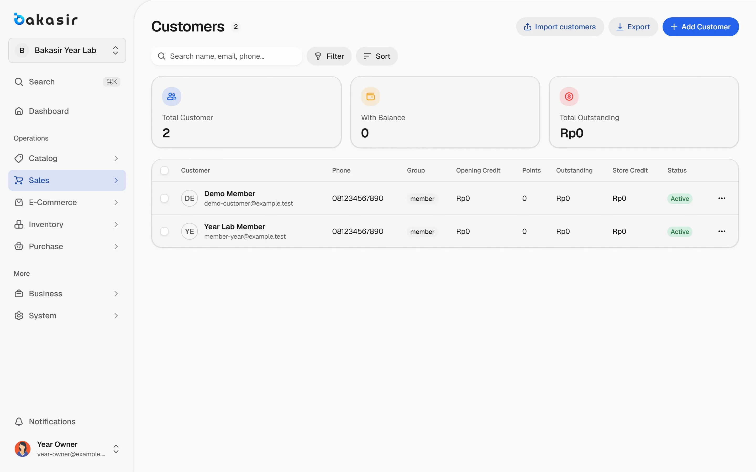 Bakasir back office screen used by Service businesses