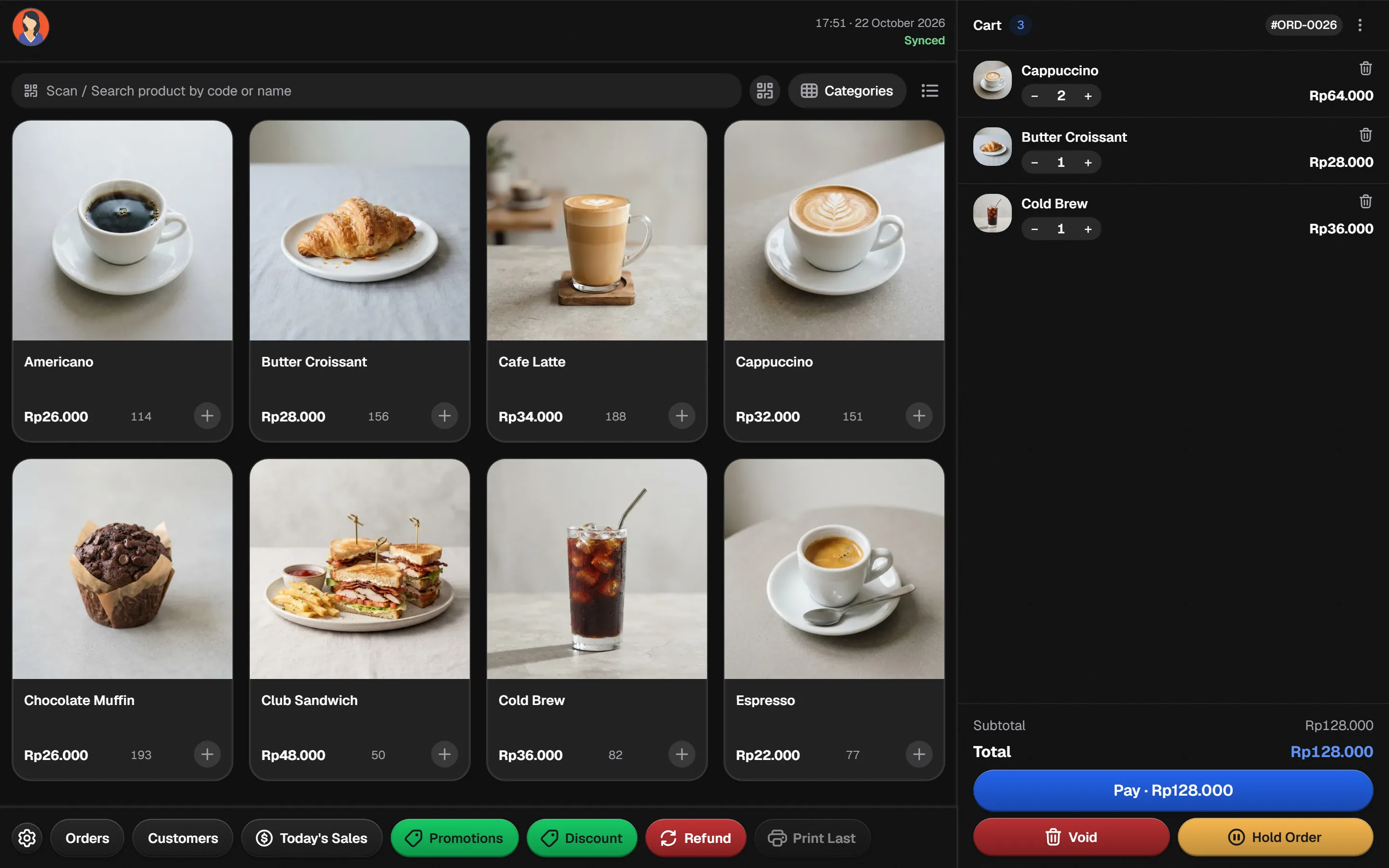Bakasir coffee shop POS with visual menu grid