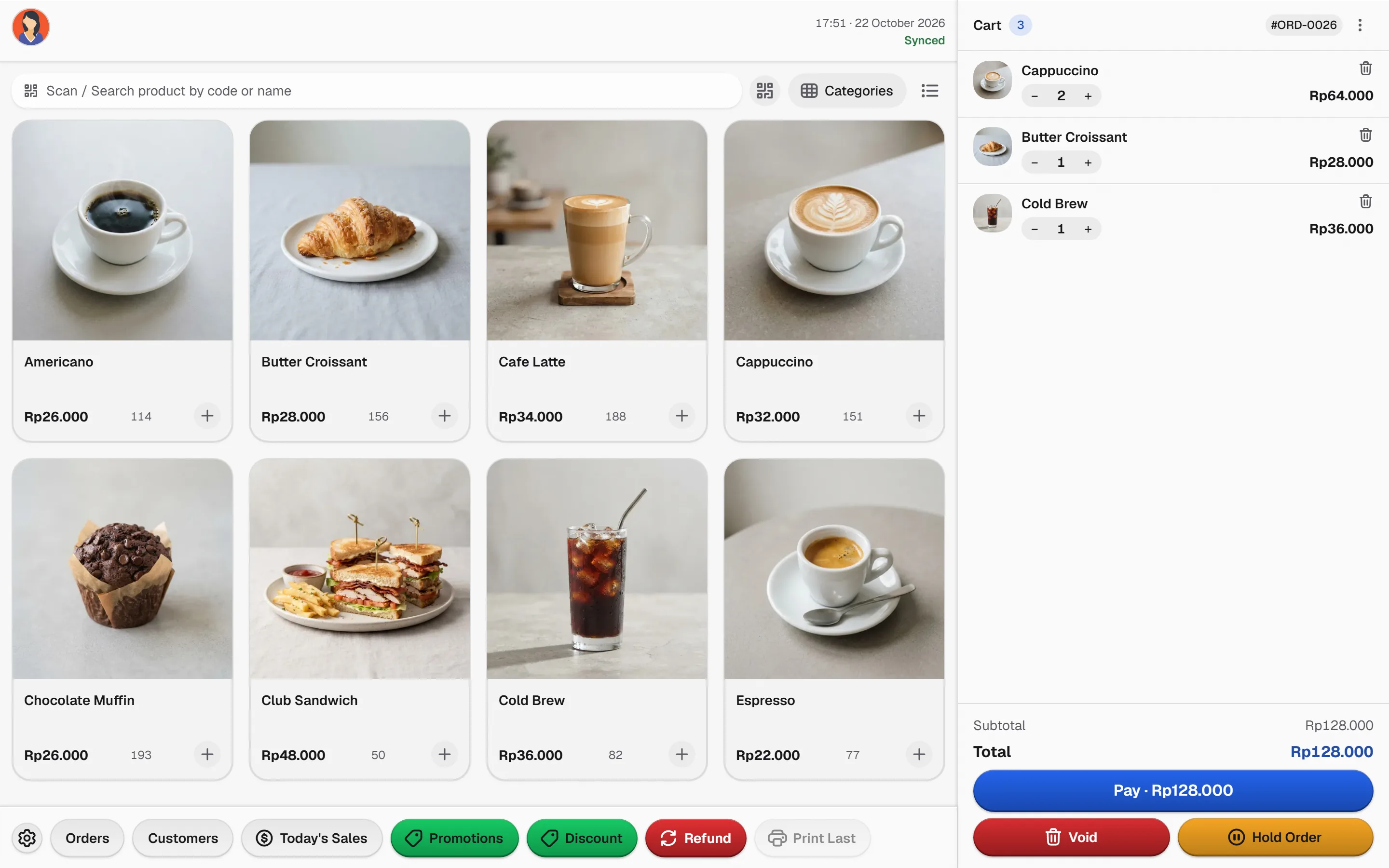 Bakasir coffee shop POS with visual menu grid