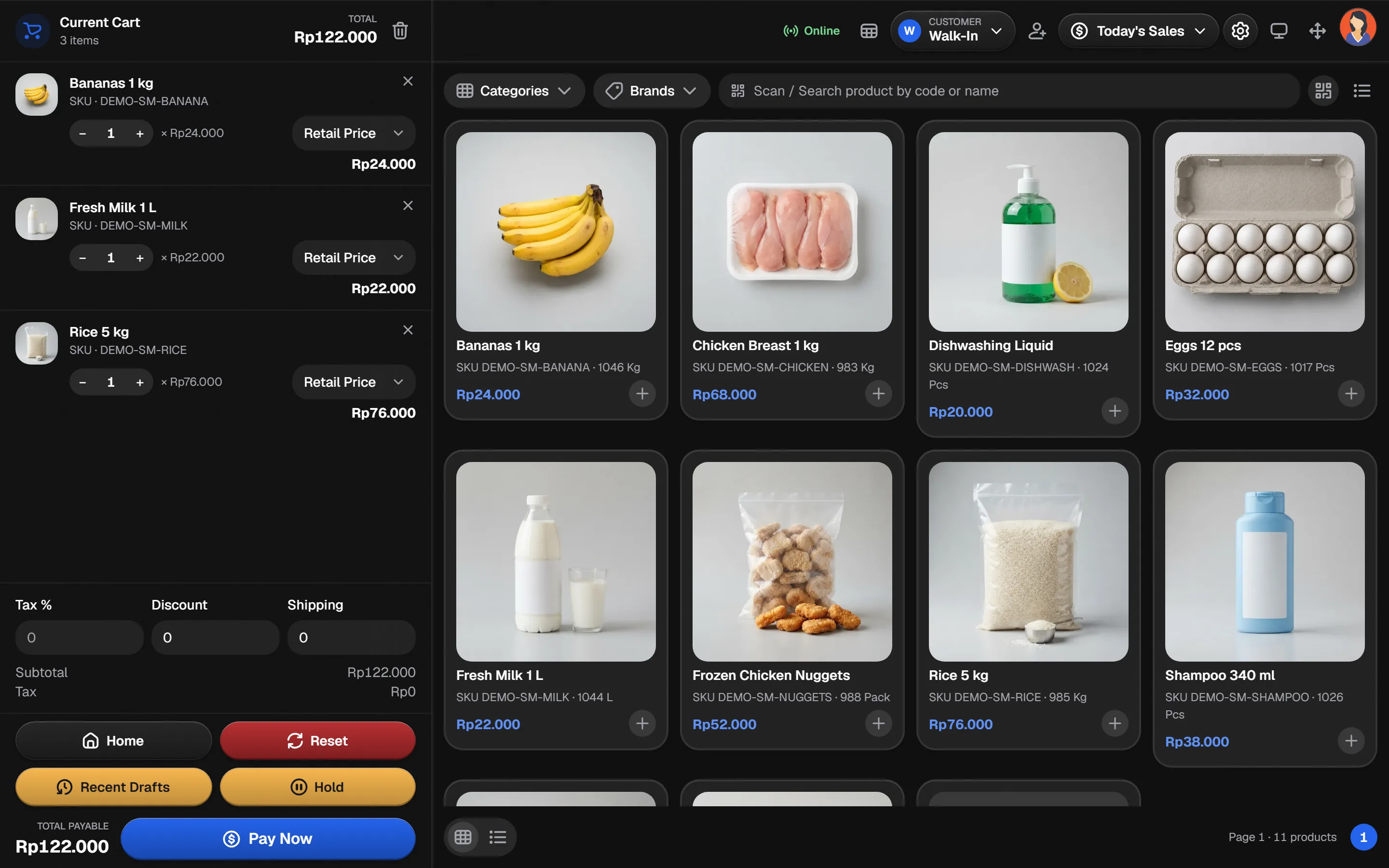 Bakasir point of sale screen with a product grid, cart and payment panel