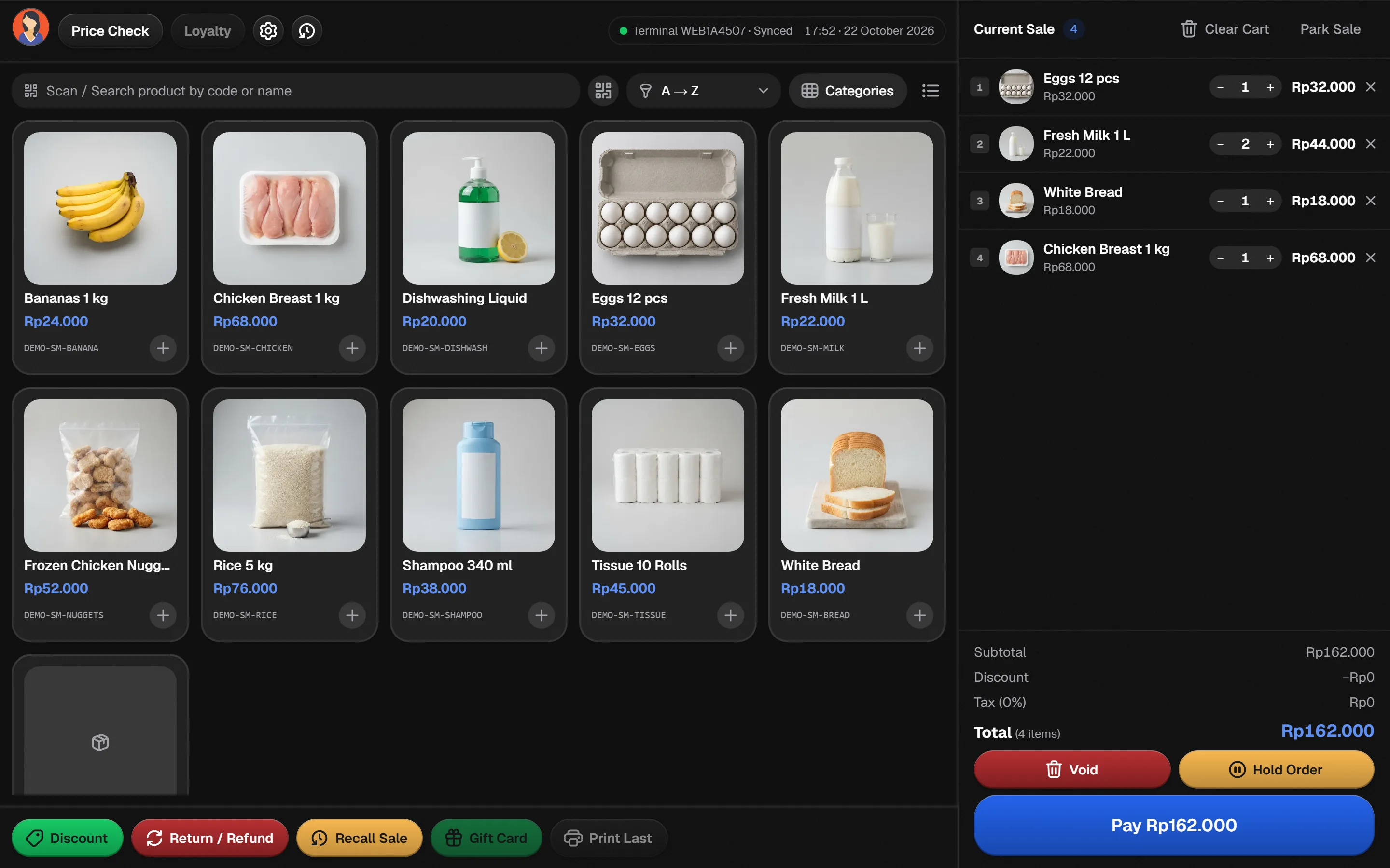Bakasir supermarket POS with barcode search and dense cart