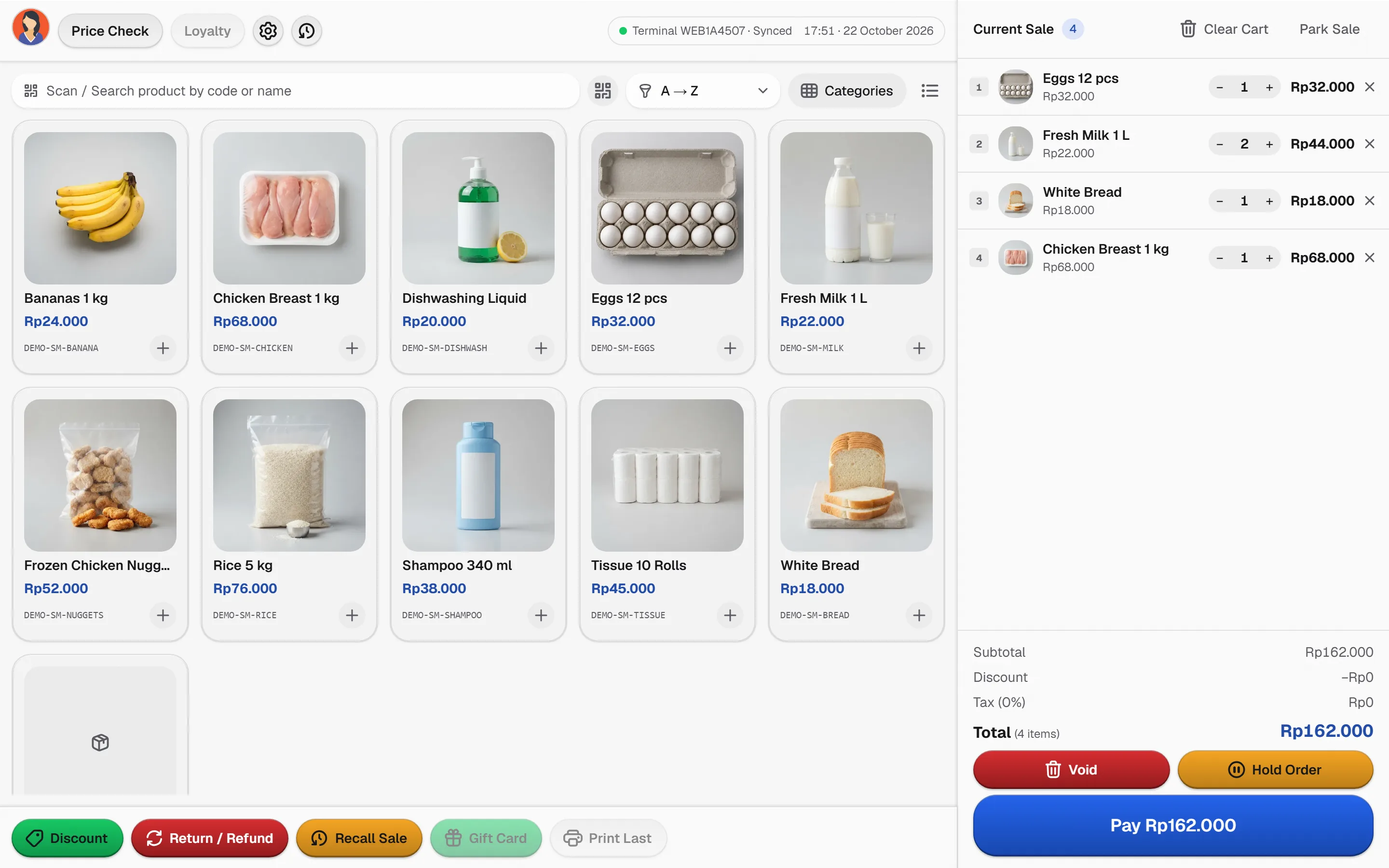 Bakasir supermarket POS with barcode search and dense cart