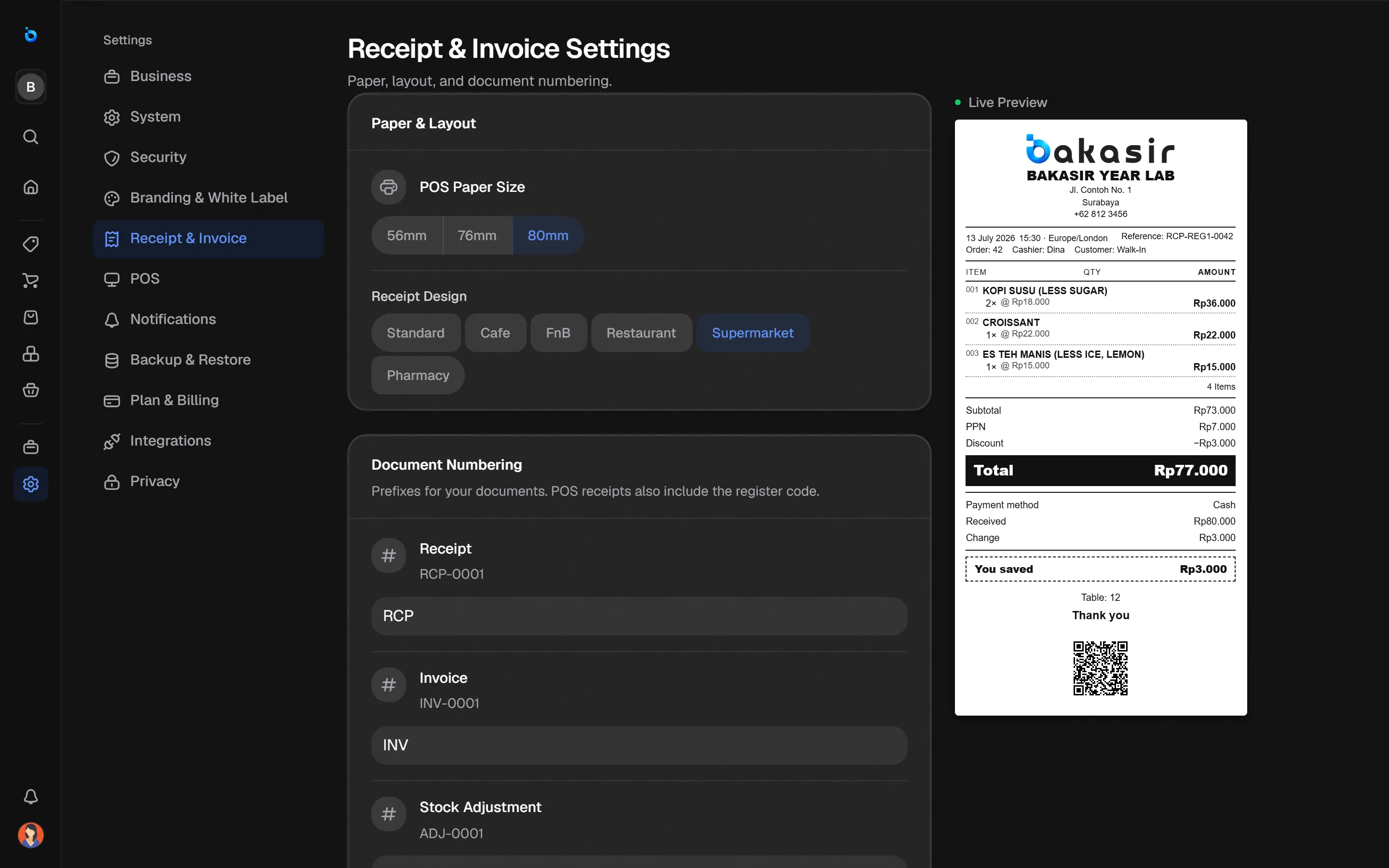 Bakasir receipt settings screen with live receipt preview