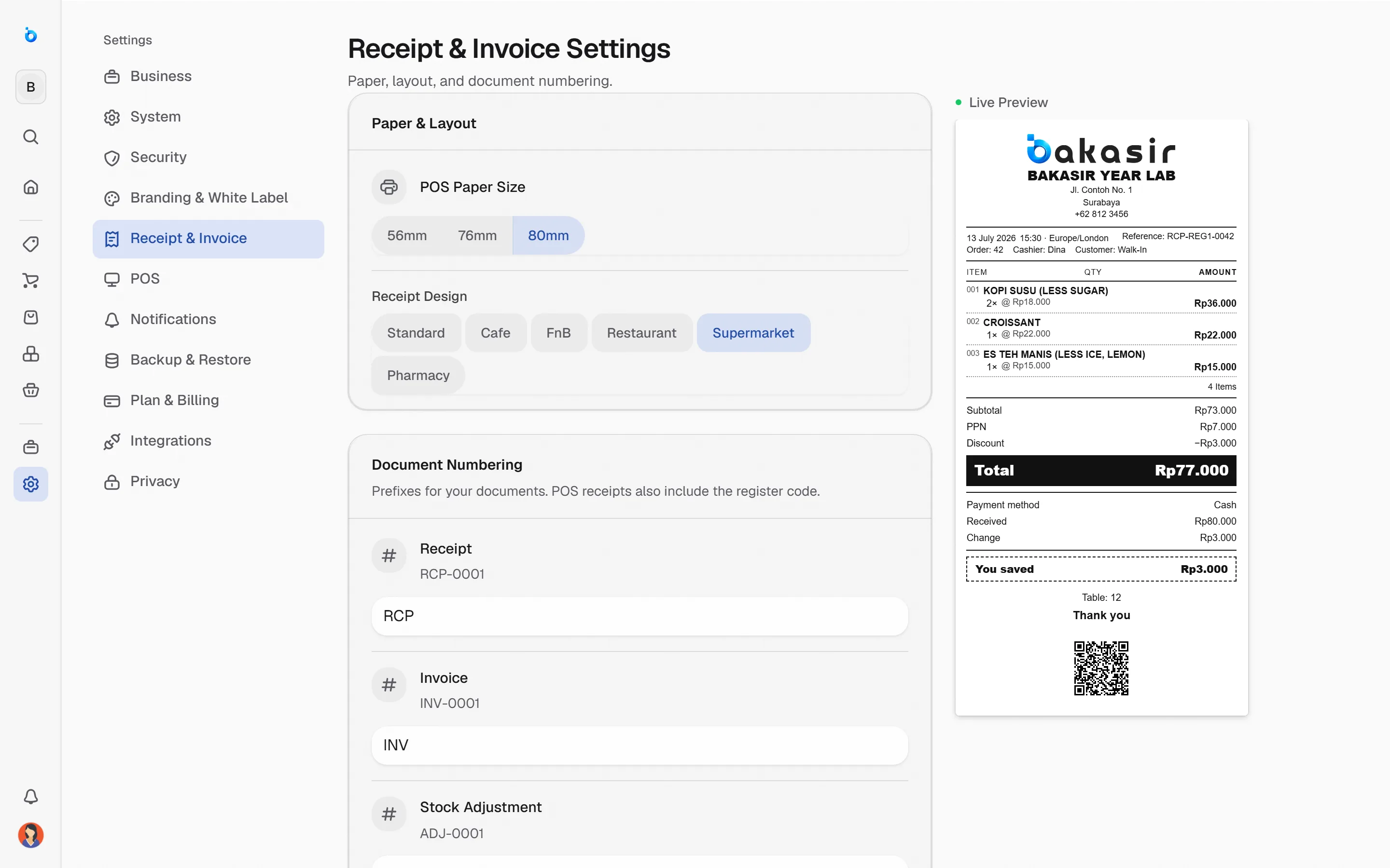 Bakasir receipt settings screen with live receipt preview
